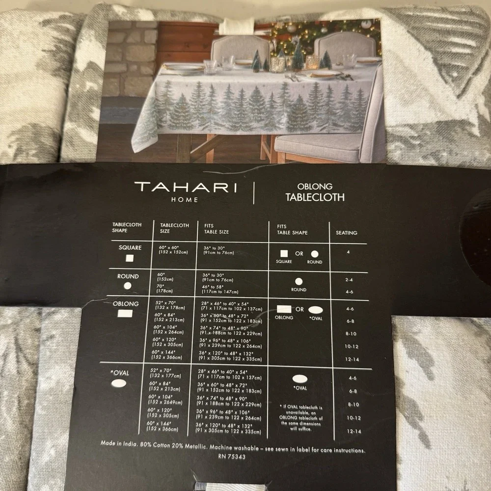 Tahari Home Tablecloth Winter Snowy Forest Tree Snowflakes‎ 60x104 Gray Silver